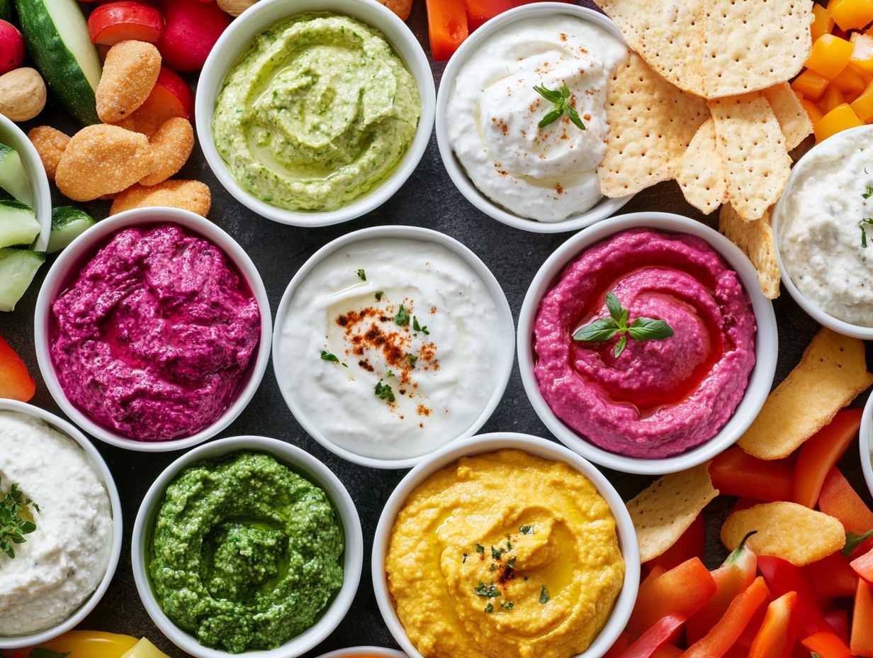 A colorful assortment of healthy dips for snacking.