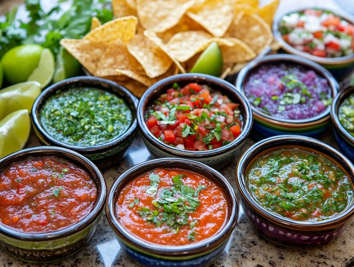 Colorful and unique salsa ingredients on a wooden table.