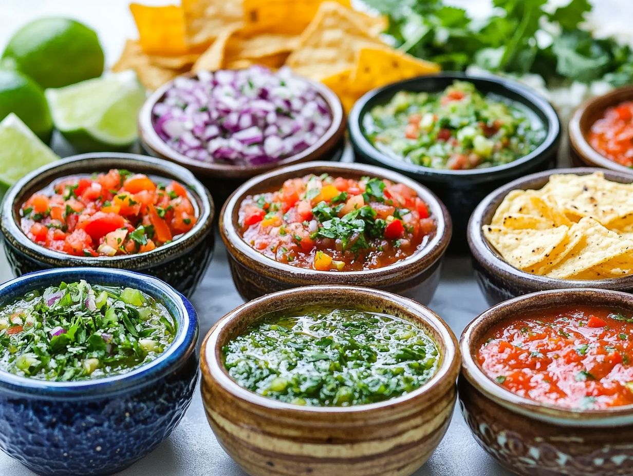 A colorful assortment of 10 flavorful salsas.