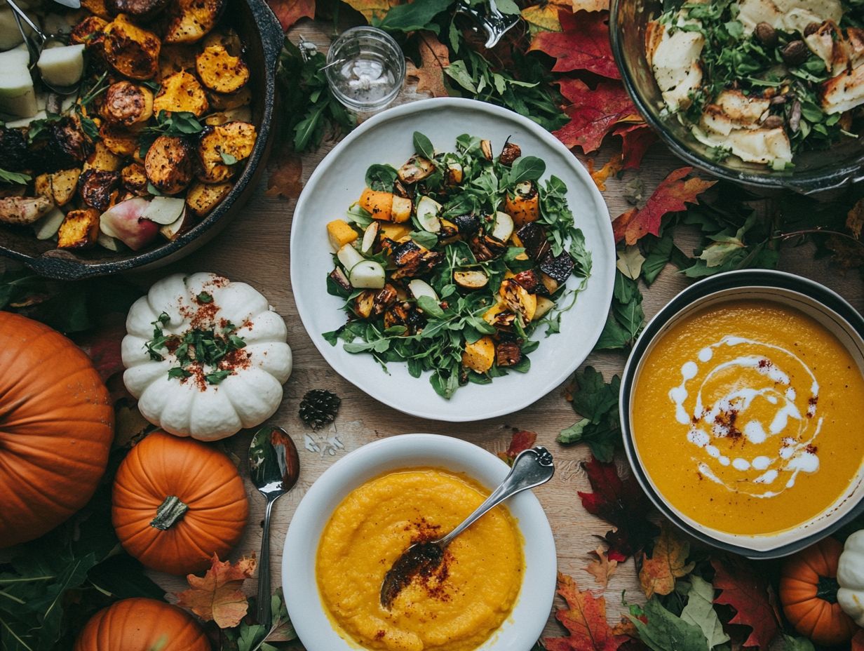 A variety of fall ingredients rich in nutrients, including pumpkins, sweet potatoes, and apples.