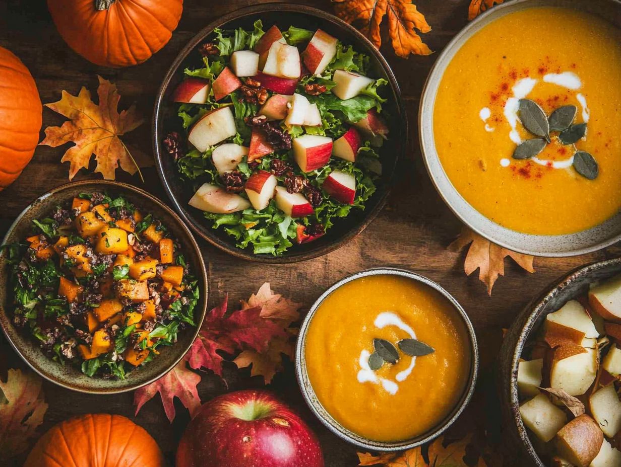 A variety of seasonal fall ingredients including pumpkin, apples, and sweet potatoes.