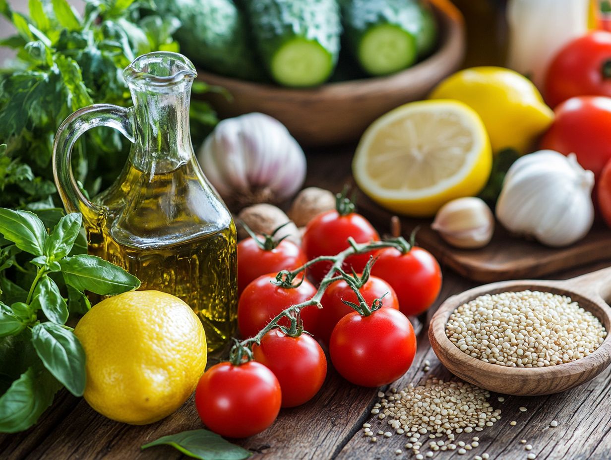 Fresh ingredients of the Mediterranean diet including fruits, vegetables, and olive oil