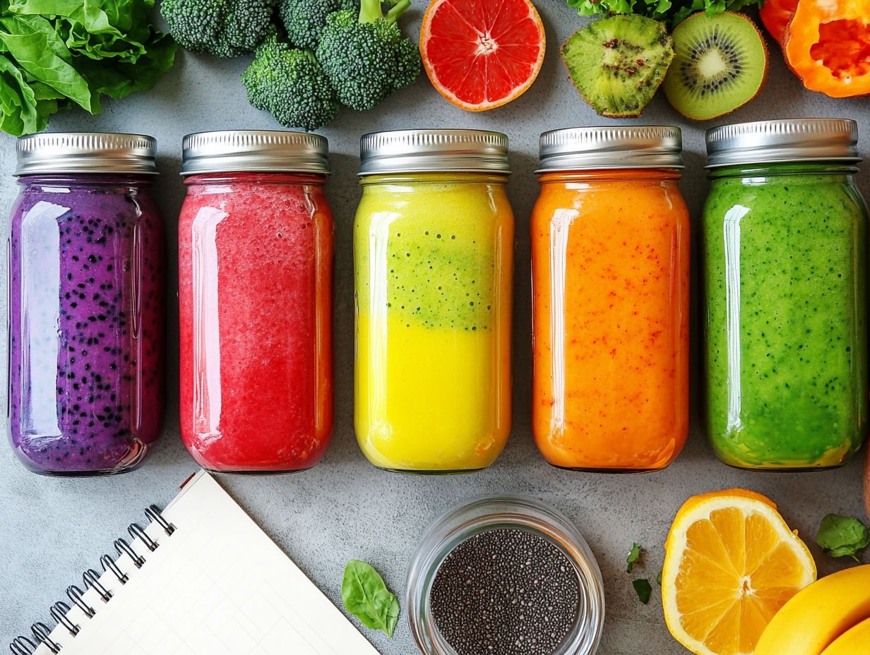 A colorful assortment of healthy smoothies for meal planning.