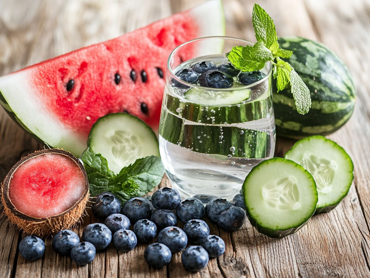 A colorful array of top 10 superfoods for optimal hydration, including watermelon and cucumber.