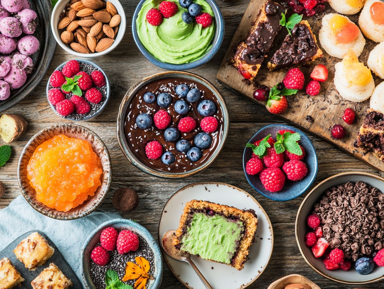 Colorful spread of guilt-free vegan desserts.