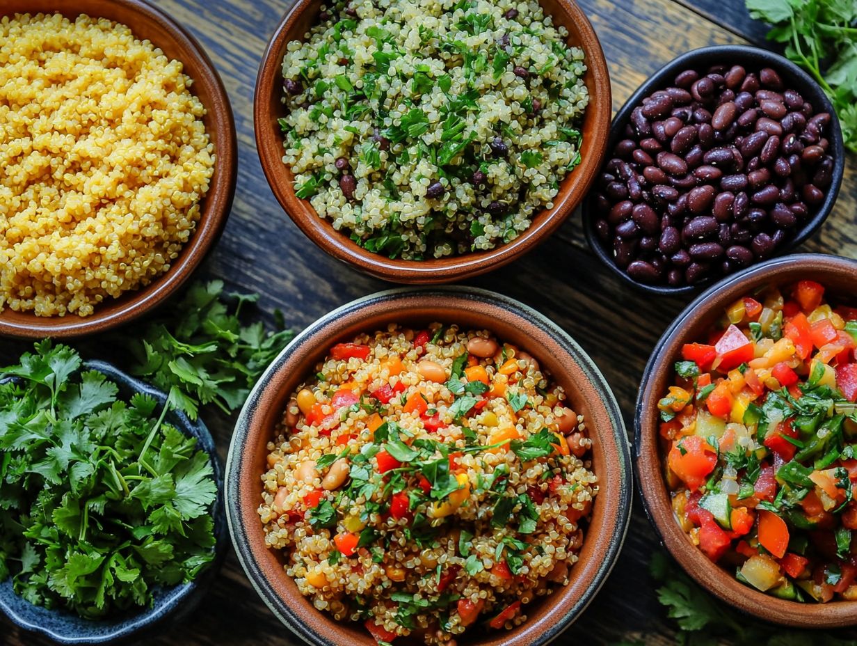 Colorful quinoa dishes displayed on a kitchen table.