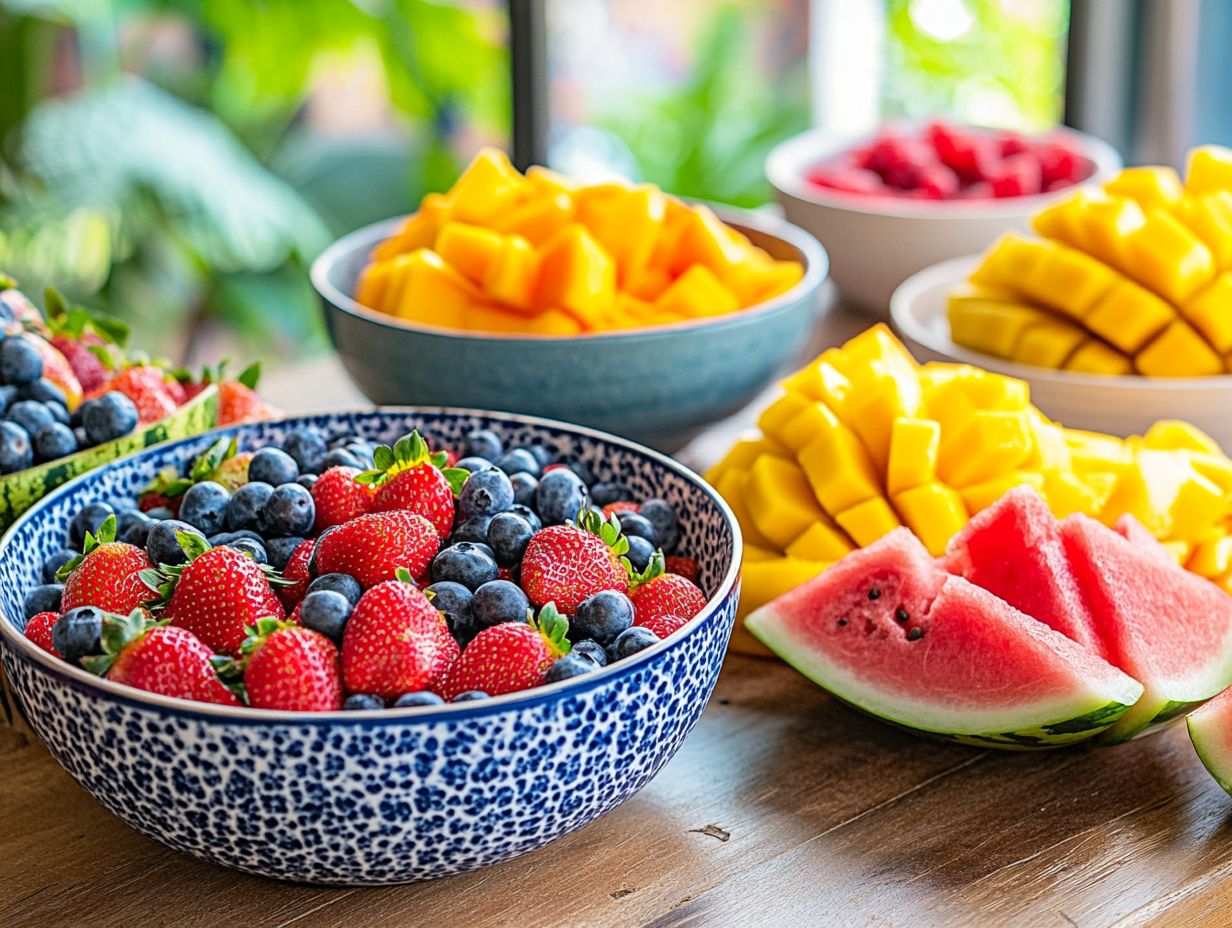 A colorful display of summer fruit dishes.