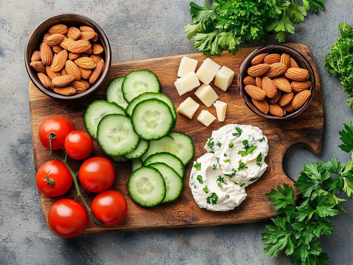 A colorful display of low-carb snacks.