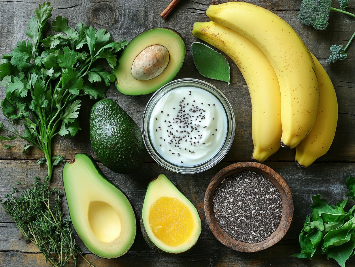 Healthy digestion superfoods including avocado, ginger, leafy greens, yogurt, and bone broth