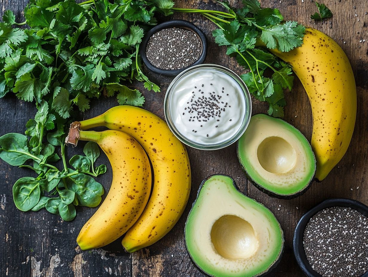 Healthy digestion superfoods including avocado, ginger, leafy greens, yogurt, and bone broth