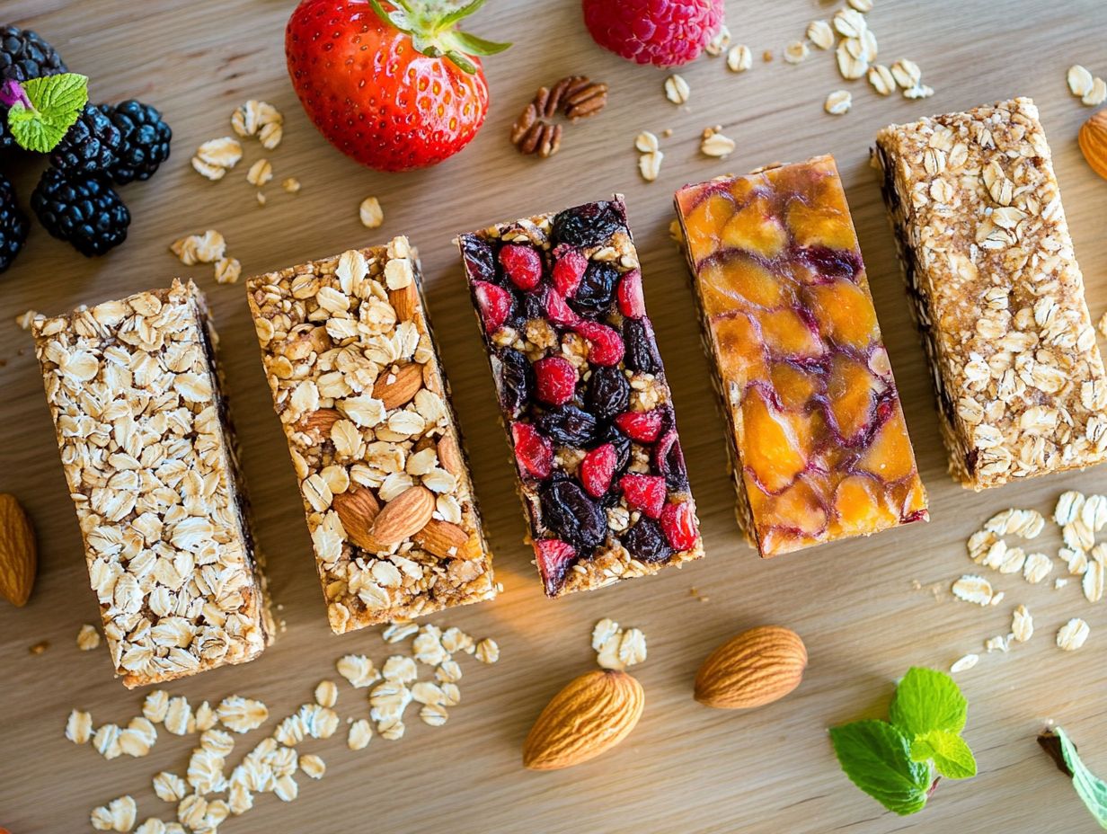 Healthy breakfast bars with ingredients like oatmeal and nuts