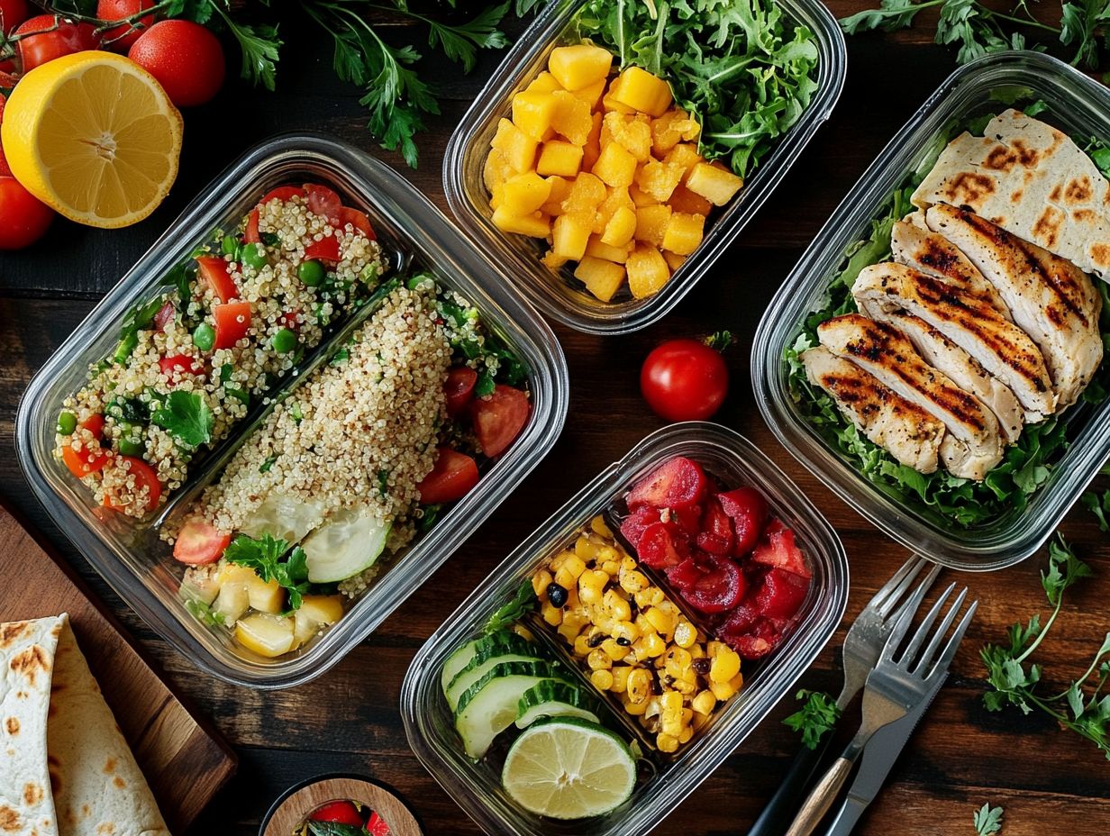 Delicious meal prep ideas for lunch displayed in an organized layout.