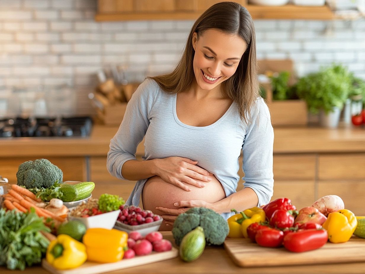 Infographic showing the seven essential nutrients needed during pregnancy.