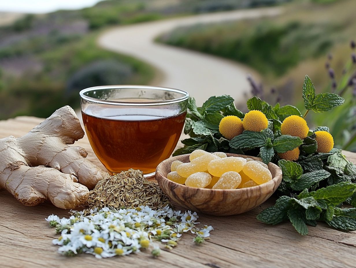 An assortment of herbal remedies for travel sickness including ginger, peppermint, lemon balm, and chamomile.