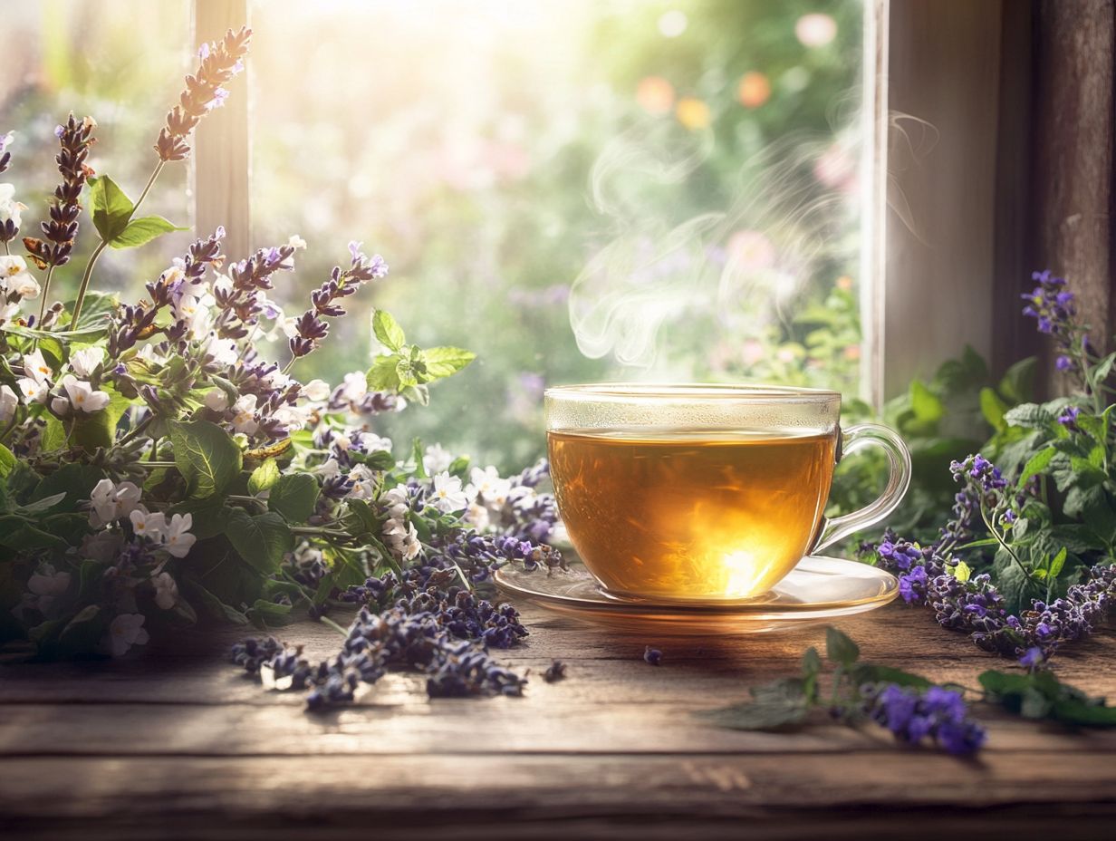 A variety of herbal teas displayed in beautiful cups.