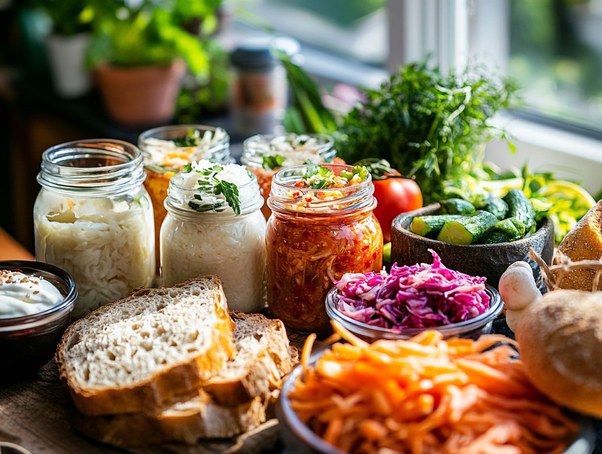 A selection of fermented foods including sauerkraut, kimchi, kefir, and yogurt