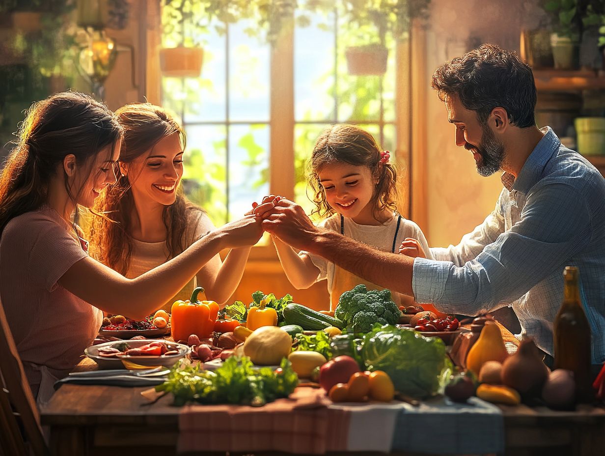 A happy family enjoying a mindful meal together