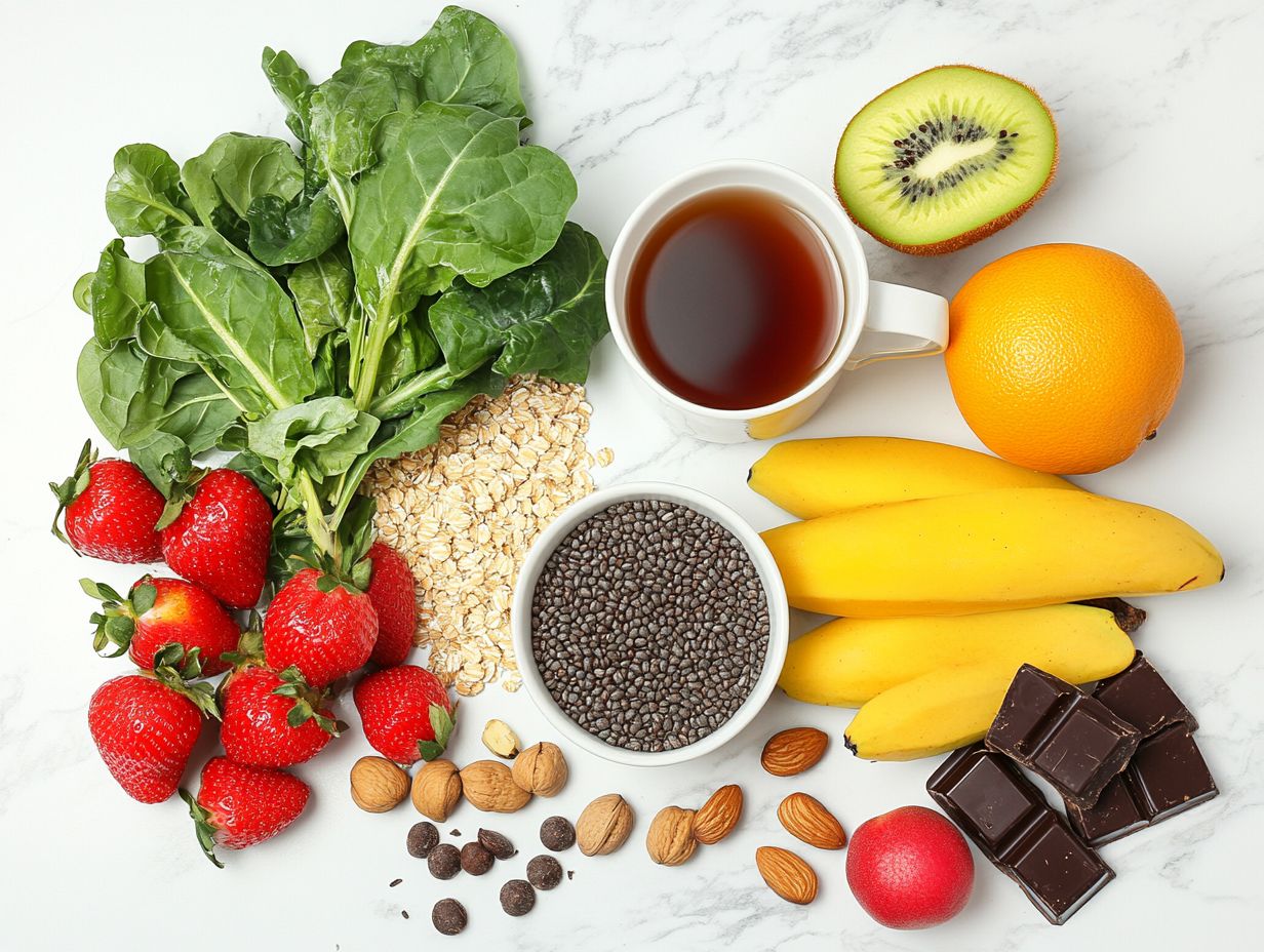 A colorful spread of essential foods for postpartum recovery, including fruits, vegetables, and lean proteins.