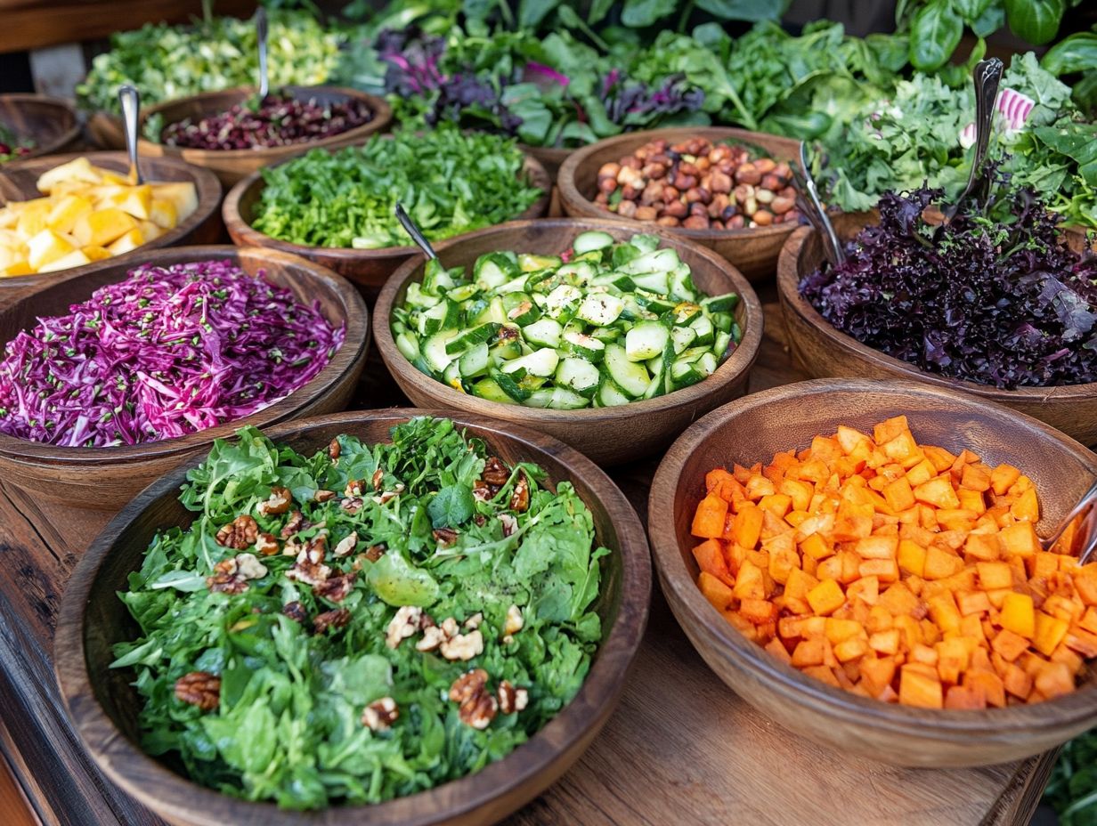 A variety of fresh ingredients for a winter salad including greens, vegetables, and nuts.