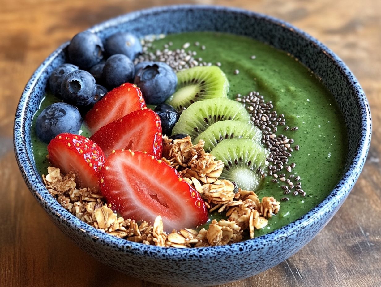 A colorful display of delicious smoothie bowls with various toppings.