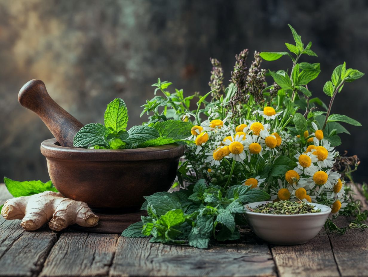 An array of herbal remedies for digestive issues including ginger, peppermint, and chamomile.