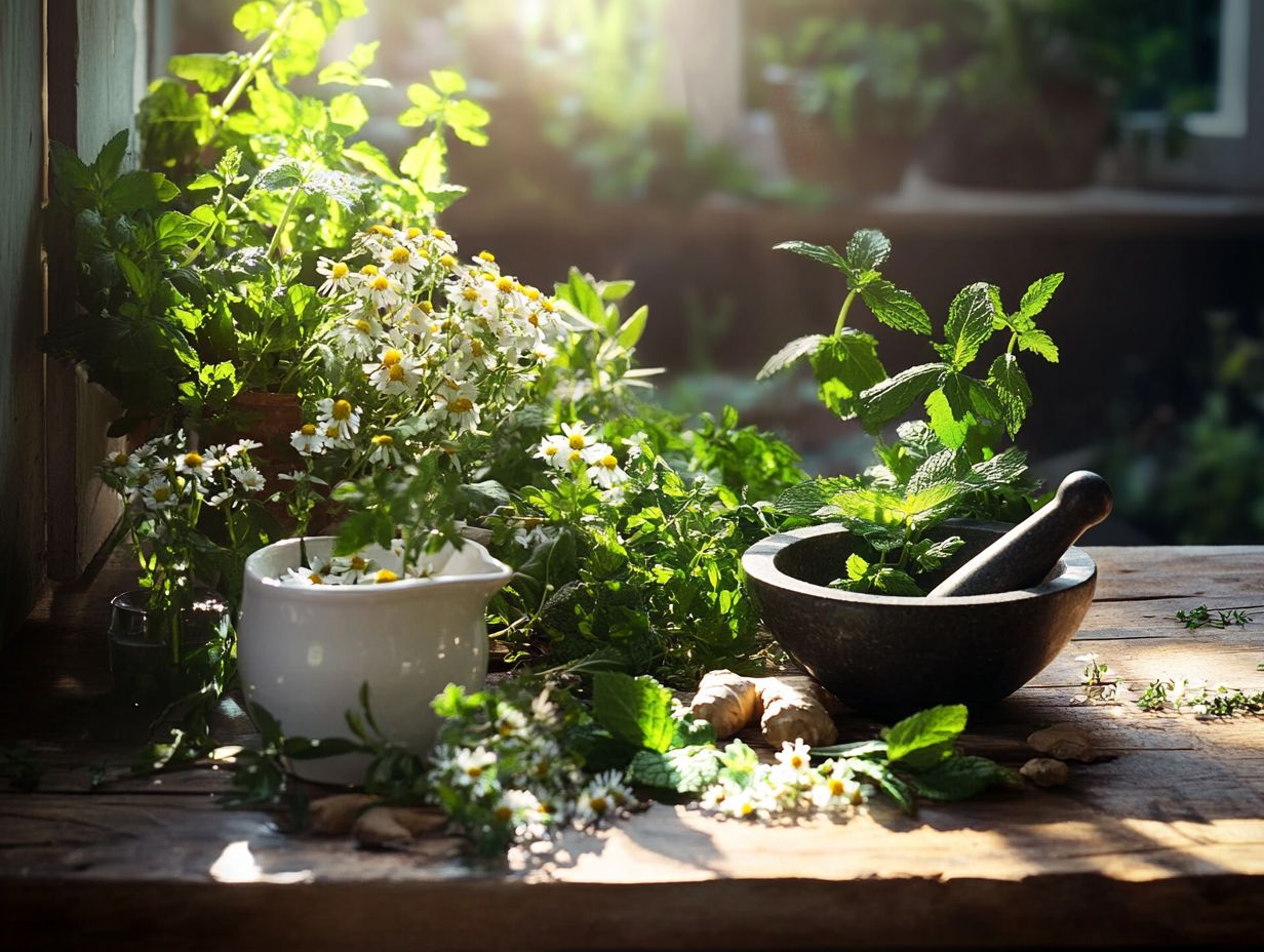 A variety of herbal remedies displayed for improving digestive health