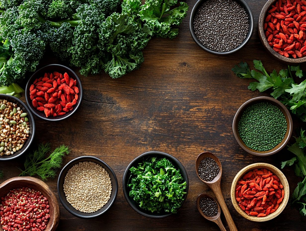 A colorful selection of various superfoods including kale, chia seeds, and berries