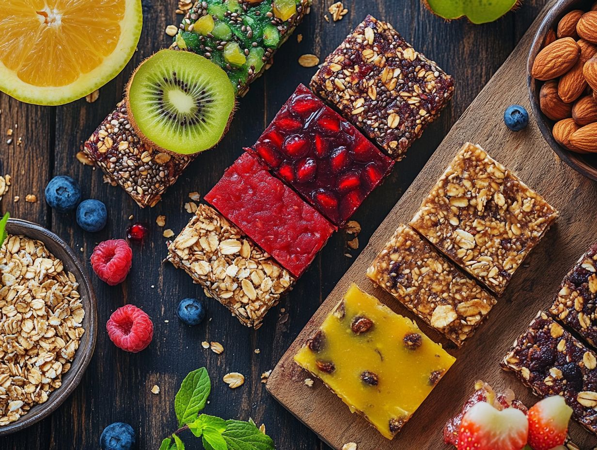 A colorful array of superfood bars with nutritional labels