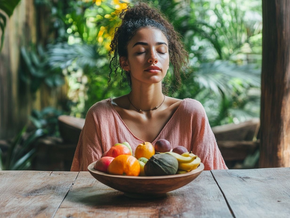 Illustration showing the benefits of mindful eating and breath work for improved digestion and well-being