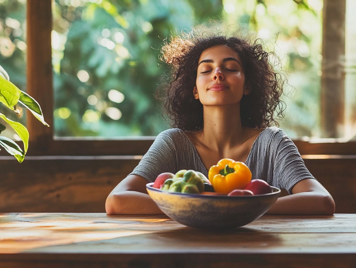 Illustration showing the benefits of mindful eating and breath work for improved digestion and well-being