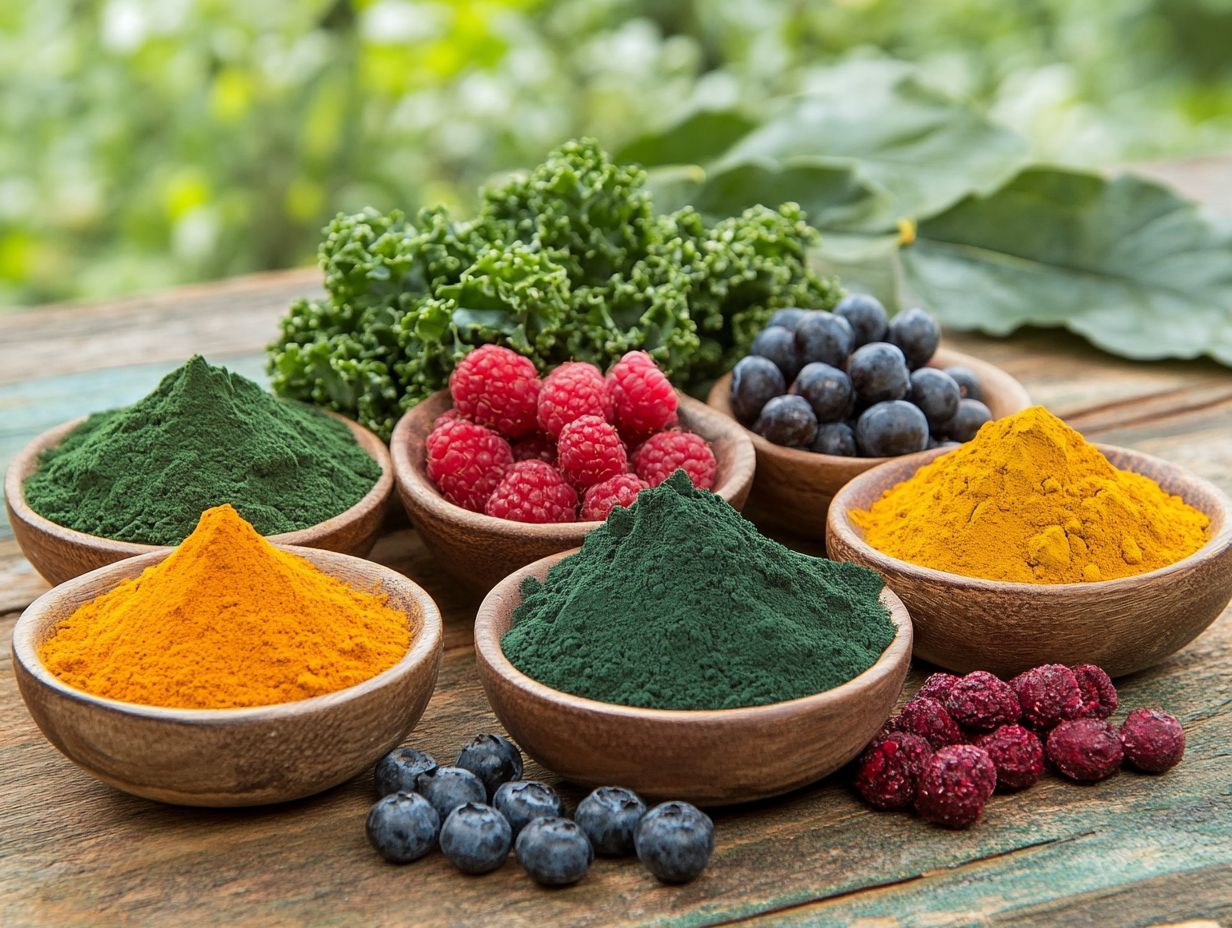 An assortment of superfood supplements in various forms powders, capsules, and liquids.