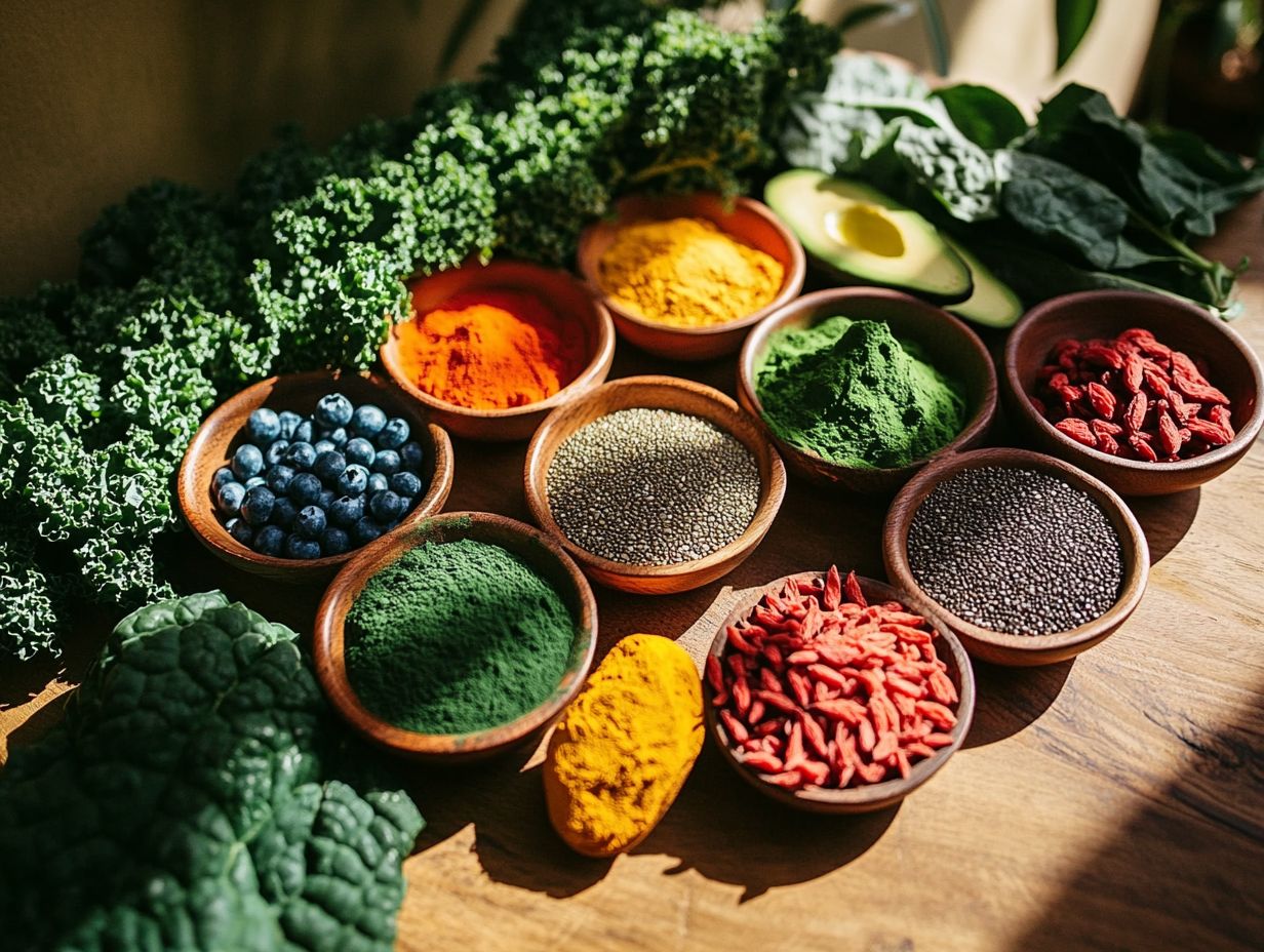 A selection of superfoods including avocados, blueberries, and kale.