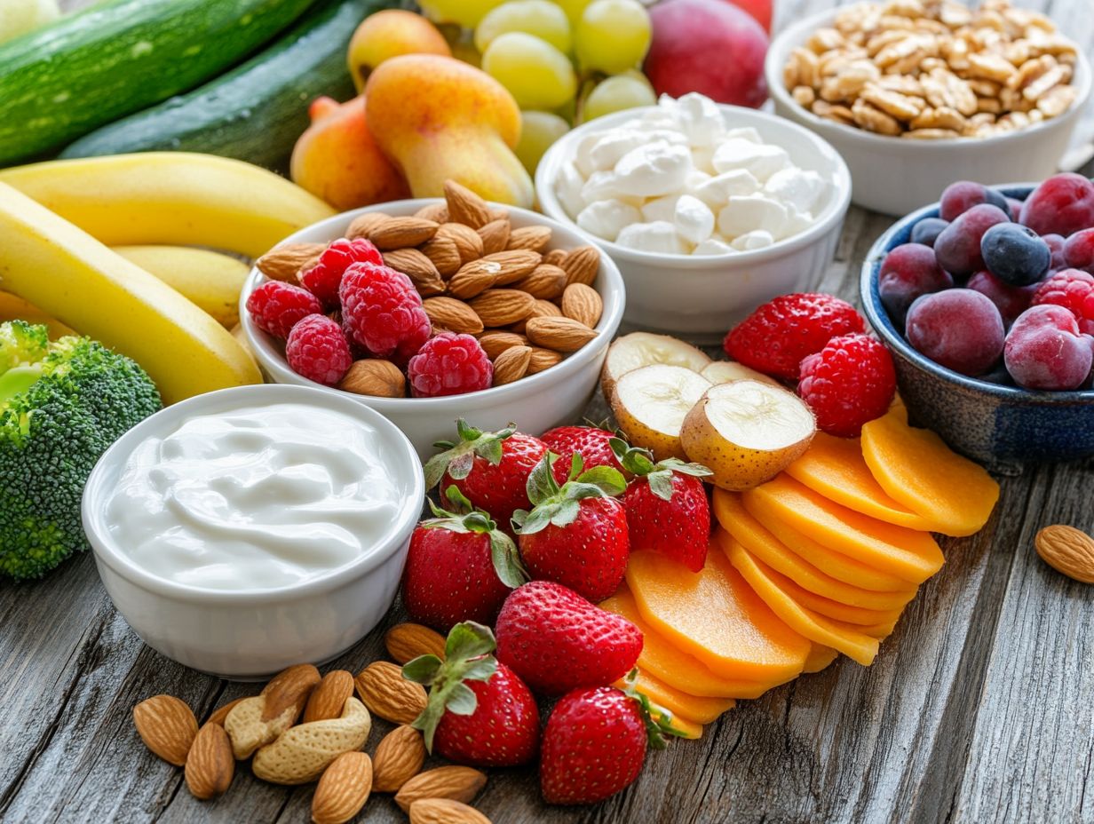 A colorful display of healthy snacks including fruits and vegetables