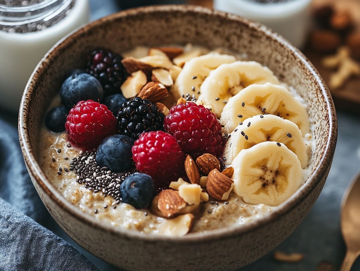 A colorful bowl of oatmeal topped with fruits for breakfast.